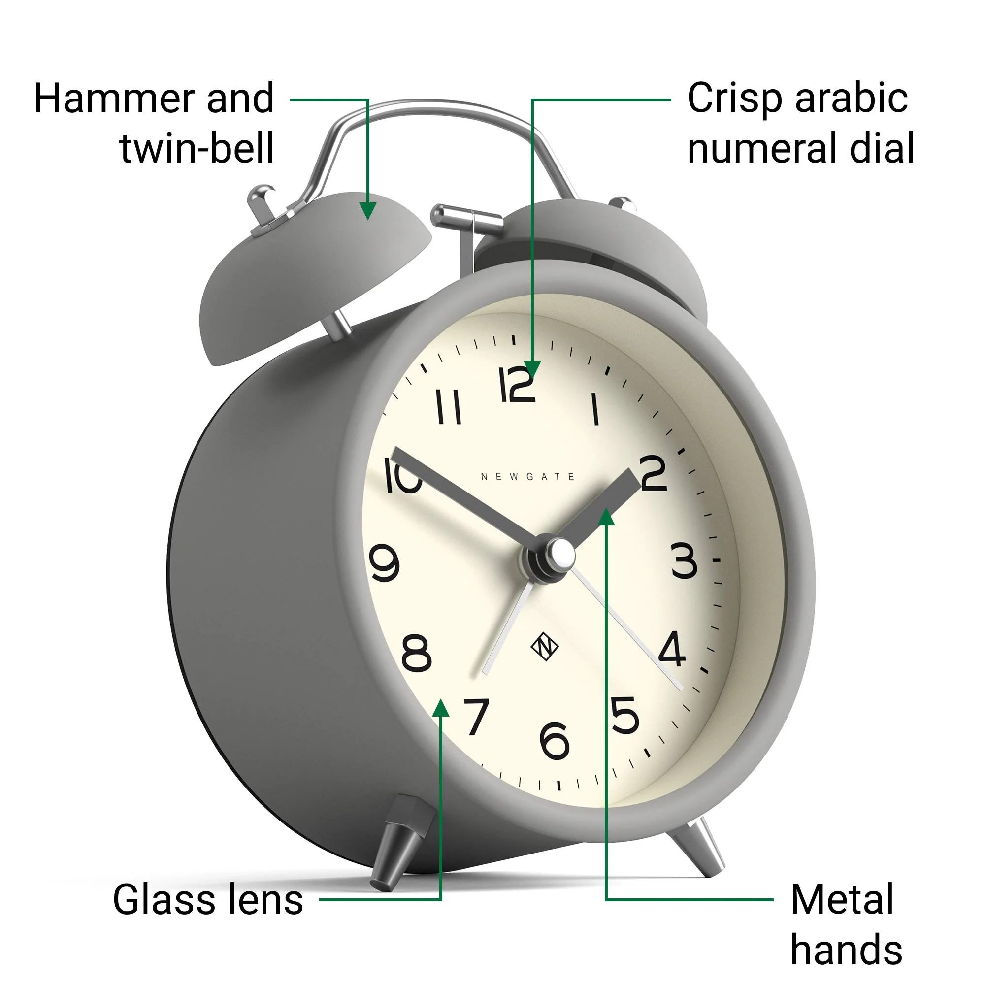 Newgate Charlie Bell alarm clock in grey - Image 6