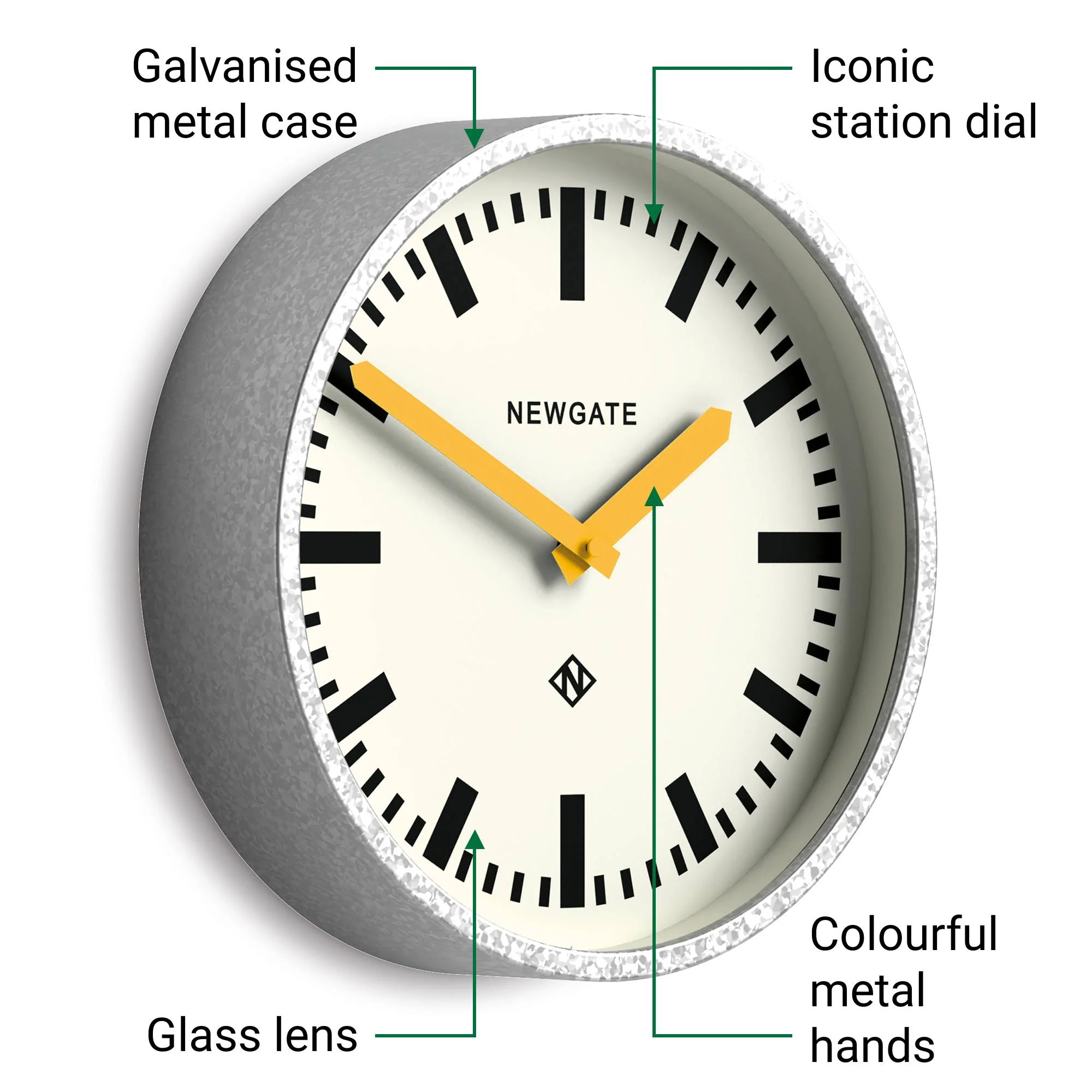 Newgate Luggage wall clock in galvanised and yellow - Image 5