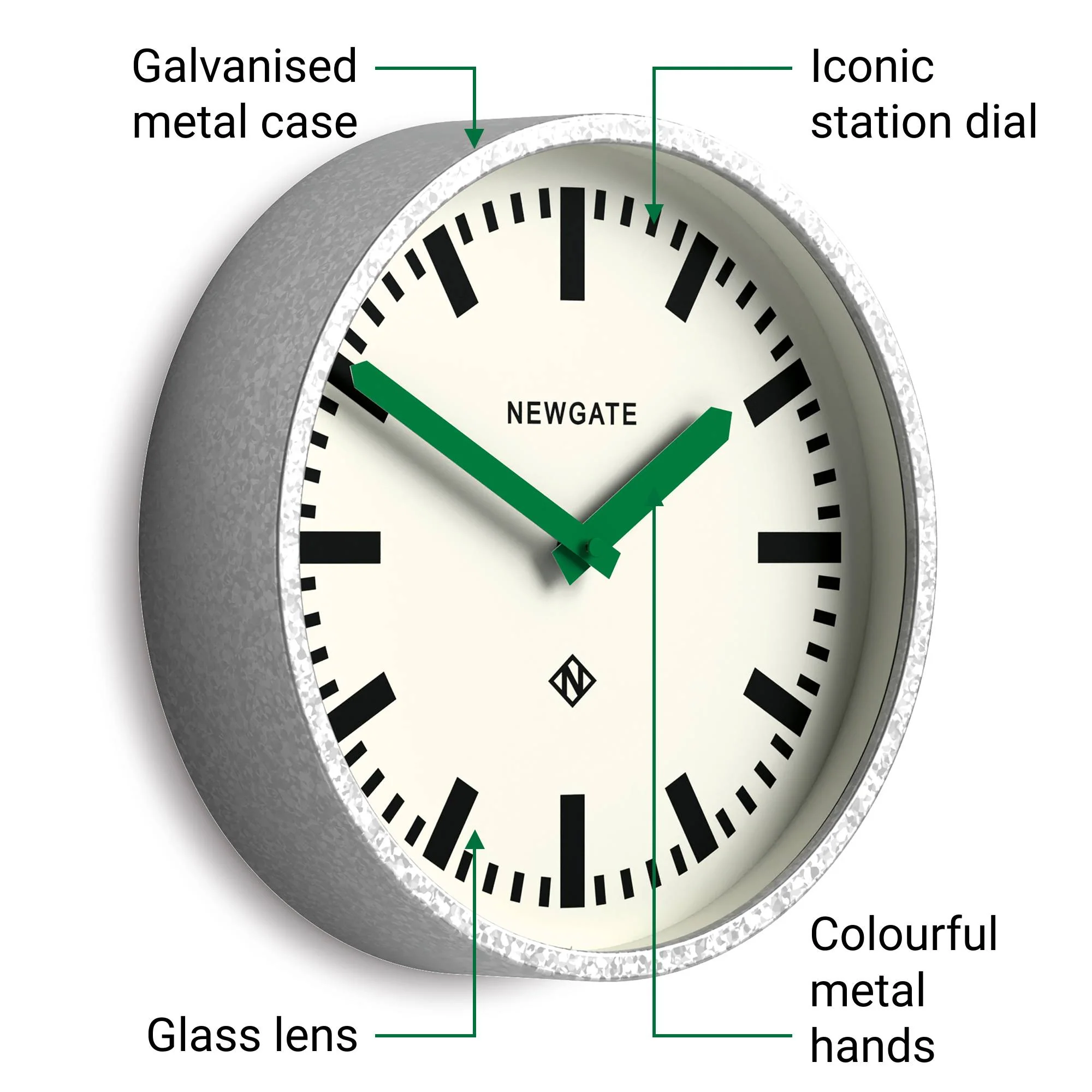 Newgate Luggage wall clock in galvanised and green - Image 5
