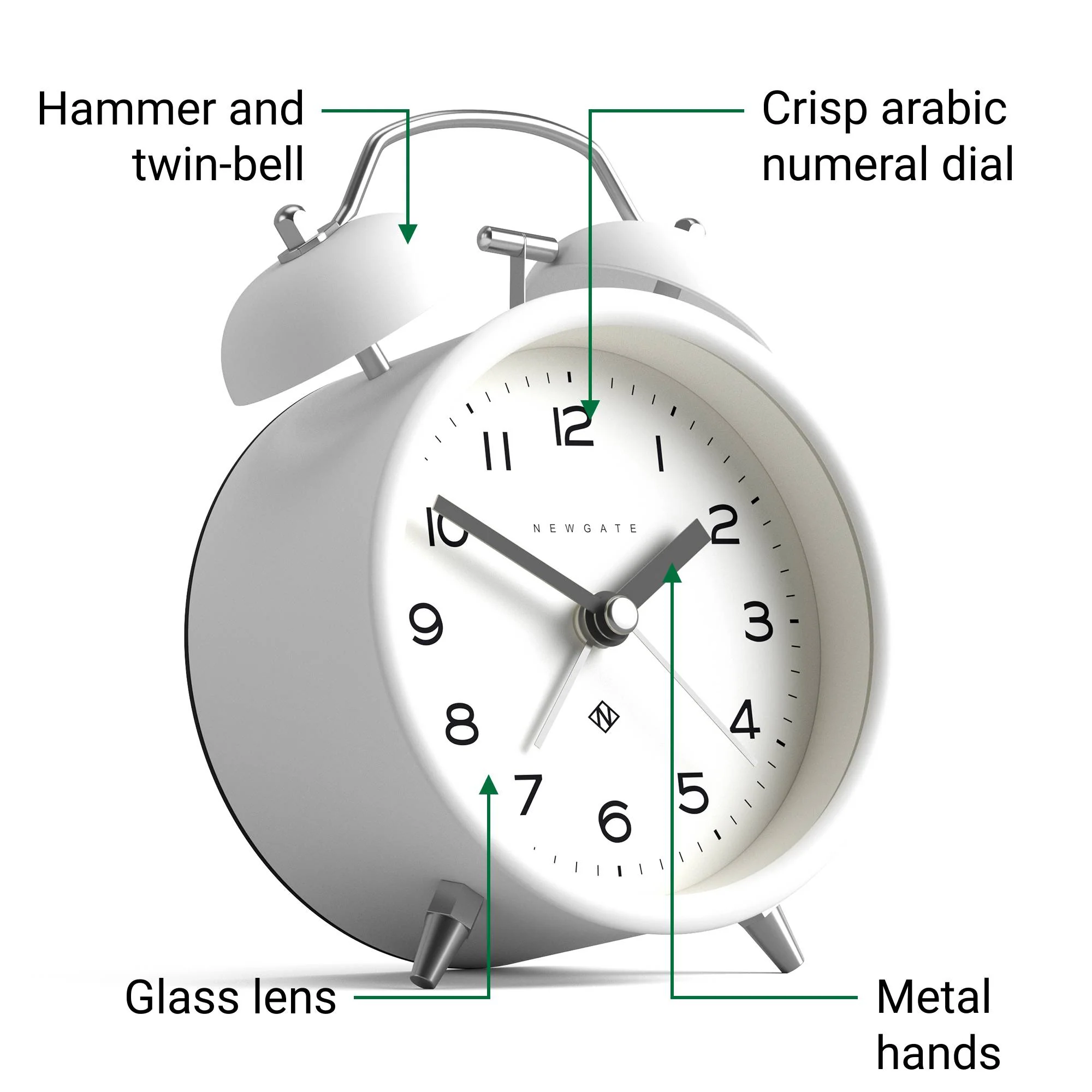 Newgate Charlie Bell alarm clock in white - Image 6